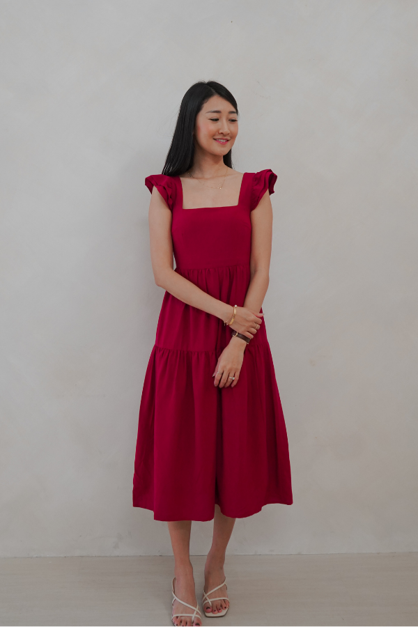 Kinship Flutter-Sleeve Tiered Midi Dress - Red Wine