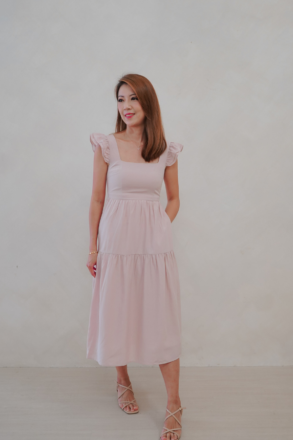 Kinship Flutter-Sleeve Tiered Midi Dress - Blush Pink