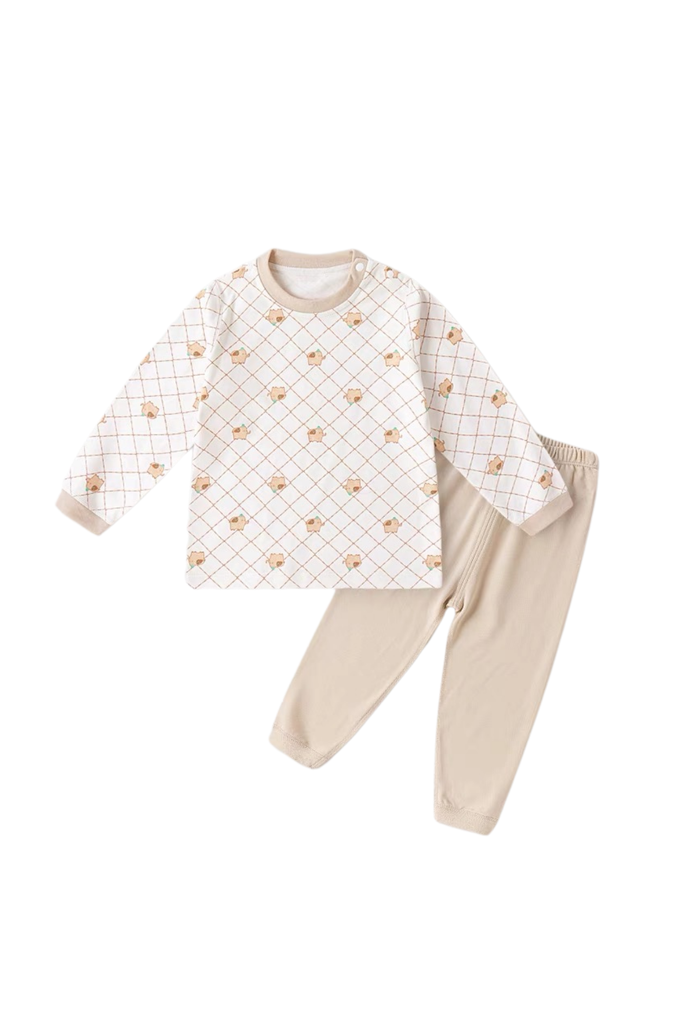 Organic Cotton Kids Elephant Checkered Pajamas Brown Nut