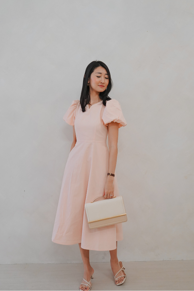 Kinship Puff-Sleeve V Slit Midi Dress - Blush Pink