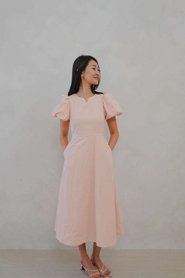 Kinship Puff-Sleeve V Slit Midi Dress - Blush Pink