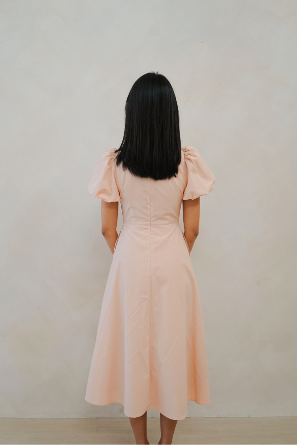 Kinship Puff-Sleeve V Slit Midi Dress - Blush Pink