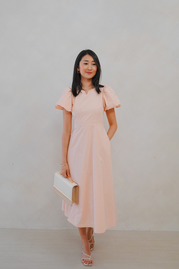 Kinship Puff-Sleeve V Slit Midi Dress - Blush Pink