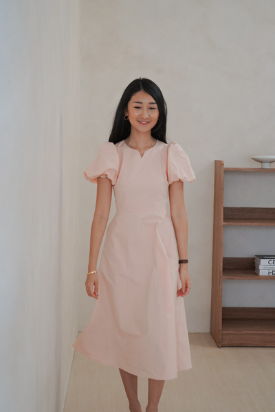 Kinship Puff-Sleeve V Slit Midi Dress - Blush Pink