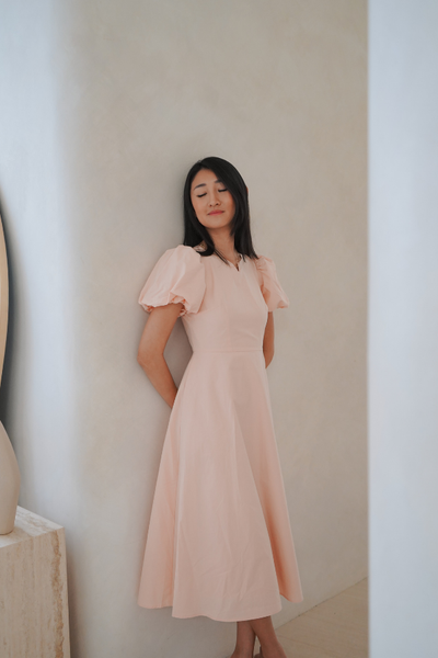 Kinship Puff-Sleeve V Slit Midi Dress - Blush Pink