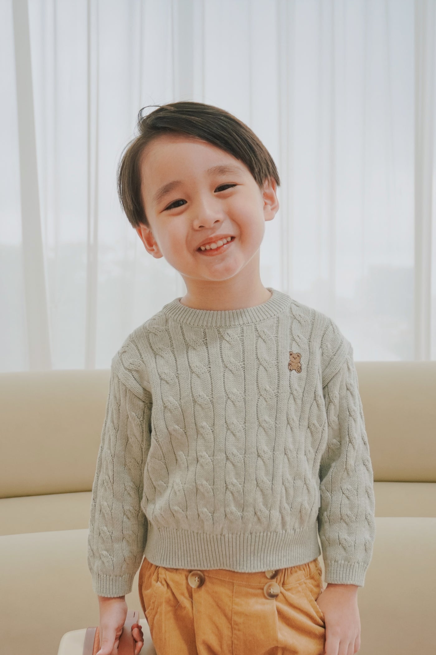 Kids Cable Knit Bear Sweater Grey